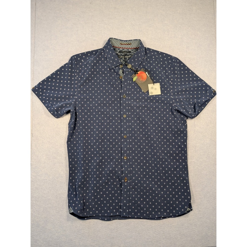 Ted Baker Shirt Mens 4 Large Navy Diamond Print SS Button Down Modal NWT $155